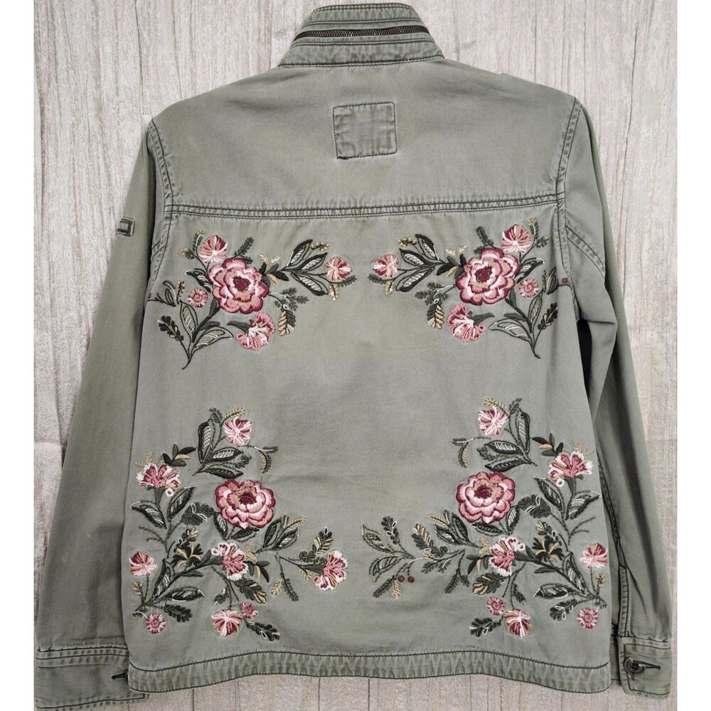 A&F Womens M Olive Military Jacket Floral Embroidery Cotton Twill Y2K